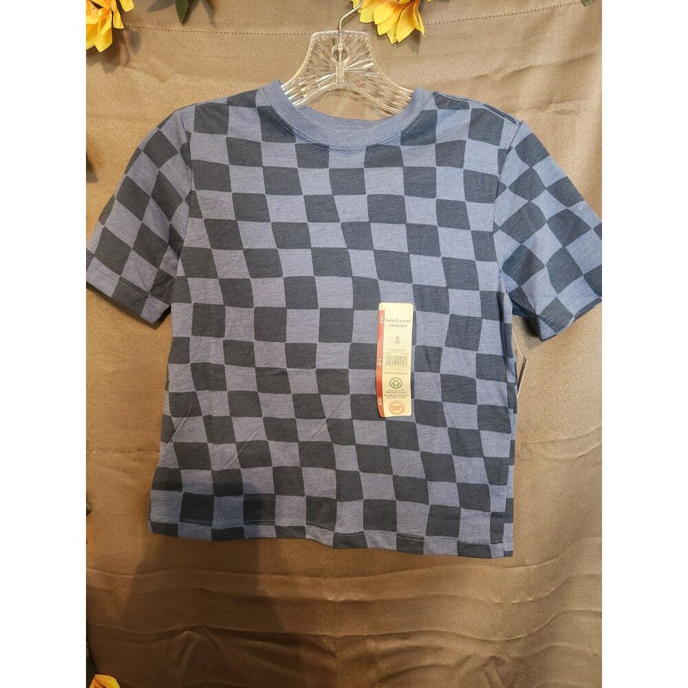 NWT Wonder Nation Boys Checkerboard T-Shirt M (8) Blue & Gray Short Sleeve Tee